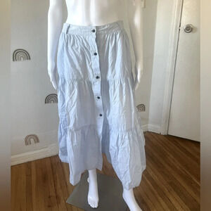 SOLID & STRIPED tiered button up maxi skirt blue | M